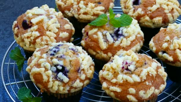 heerlijke zelfgemaakte muffins met bosbessen op metalen raster - Video