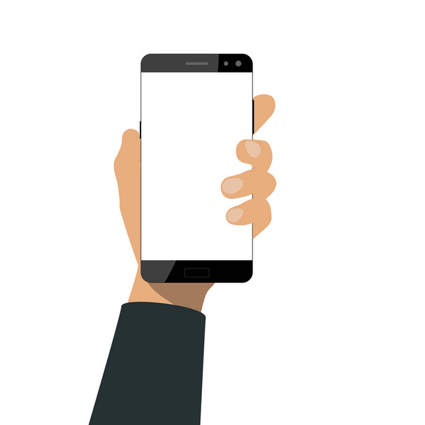 Kädessä on älypuhelin, jossa on tyhjä valkoinen näyttö. Käyttää mobiili älypuhelin litteä muotoilu. Vektoriesimerkki
 - Vektori, kuva