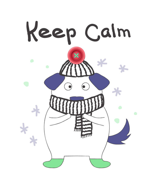 Cute vector illustration, puppy in cartoon style with realistic button pompon on winter hat, hand lettering Keep Calm - Vector, Image