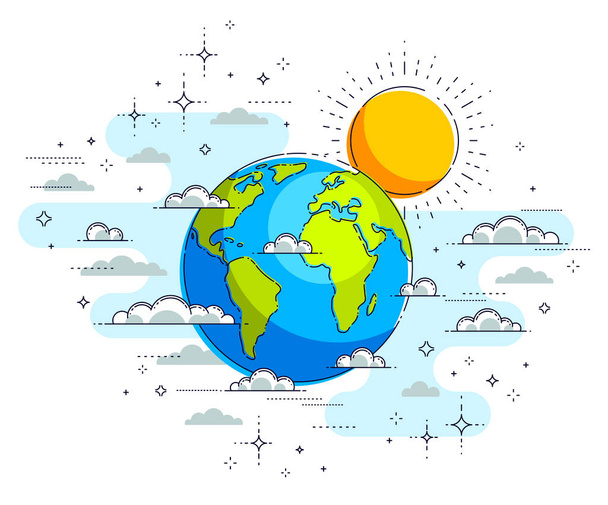 Earth and sun in sky surrounded by clouds - Vector, Image