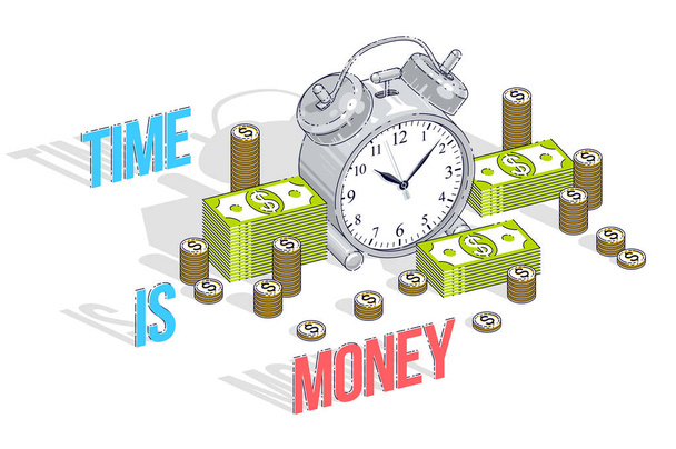 Alarm Clock with cash money stacks isolated on white background. - Vetor, Imagem
