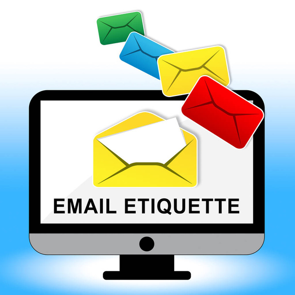 E-posta görgü kuralları elektronik ileti promosyonlar göndermek için 2d çizimde gösterir uygun elektronik posta kibar yazışma kuralları - Fotoğraf, Görsel