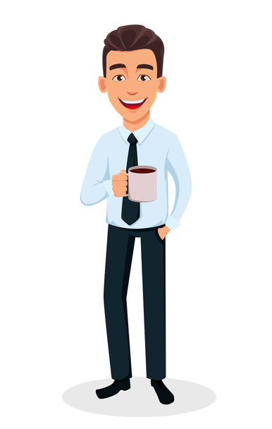 Obchodní muž kreslená postava držící šálek čaje. Mladý pohledný usmívající se podnikatel v kanceláři styl oblečení - vektorové - Vektor, obrázek