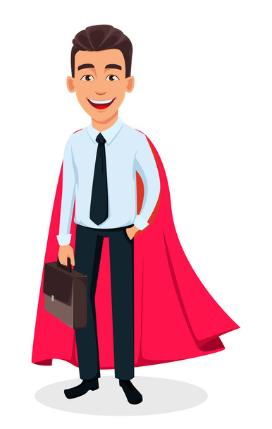 Geschäftsmann Cartoonfigur trägt roten Umhang wie Superhelden und hält Aktentasche. junger gutaussehender lächelnder Geschäftsmann in Bürokleidung - Aktienvektor - Vektor, Bild