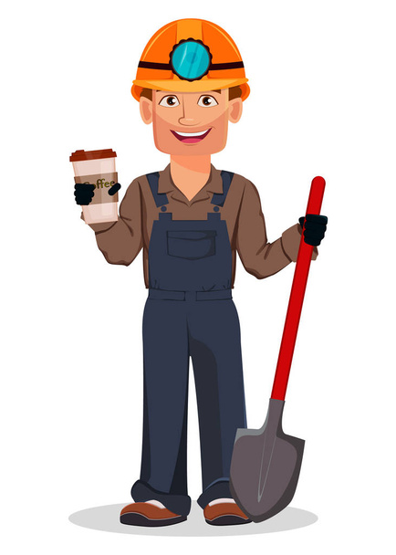 Muž, horník, těžební dělník. Hezká kreslená postava drží lopatu a kávu. Vektorové ilustrace na bílém pozadí - Vektor, obrázek