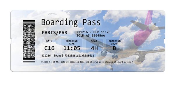 Airline boarding pass tickets isolated on white with space for text insertion - The contents of the image are totally invented and does not contain under copyright parts. The background images are my property. - Photo, Image