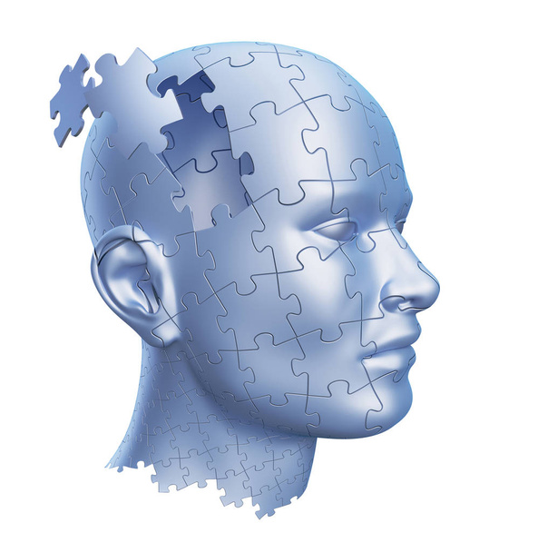 Голова человека в форме головоломки изолирована на белом фоне, 3D иллюстрация
 - Фото, изображение