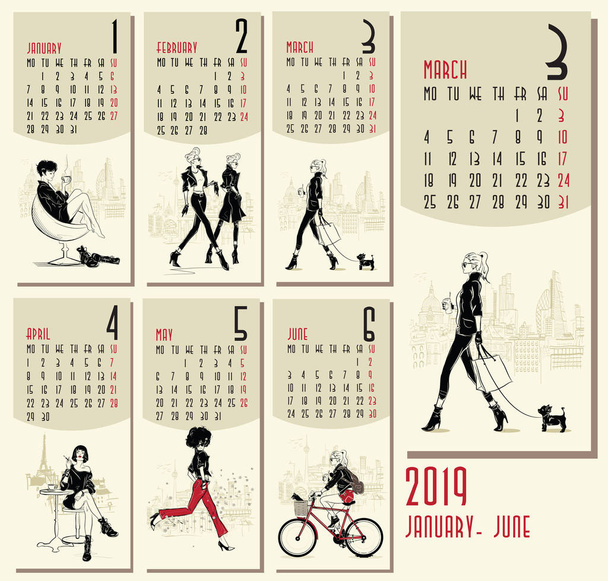 Vector van 2019 new jaarkalender met mode vrouwen - Vector, afbeelding