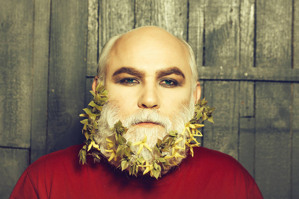 old man with flowers and leaves in beard - Фото, зображення