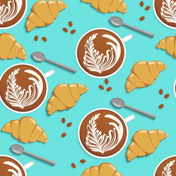 Coffee, croissants, coffee beans and spoon seamless pattern. Latte art vector illustration - Vector, Image