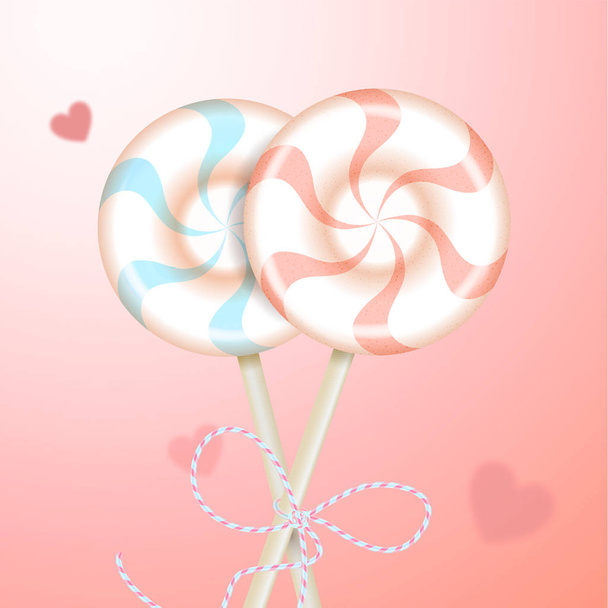 Two round striped pastel pink and blue color lollipops with decorative ribbon and blurred hearts. Couple candies on sticks. Realistic 3D Vector illustration romantic background. - Vector, Image
