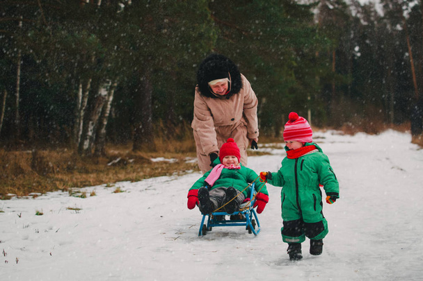 little girls with grandmother play walk in winter nature - Foto, Imagem