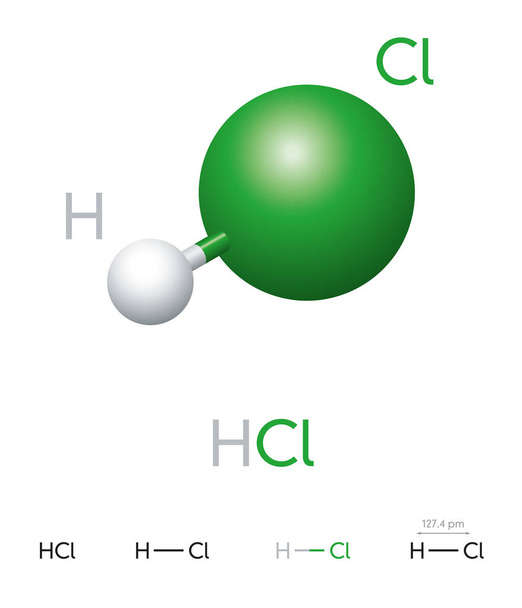 HCl. Cloruro di idrogeno. Modello molecolare, formula chimica, modello palla e bastone, struttura geometrica e formula strutturale. Idrogeno alogenuro. Acido cloridrico. Illustrazione su sfondo bianco. Vettore
 - Vettoriali, immagini
