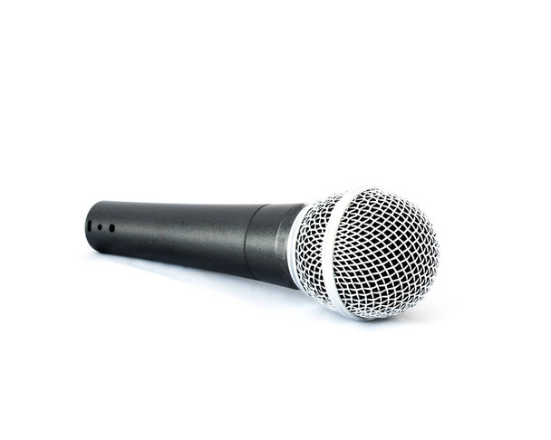 Studio shot close-up view of a silver black wireless microphone isolated on white background. Clipping path and copy space - Zdjęcie, obraz
