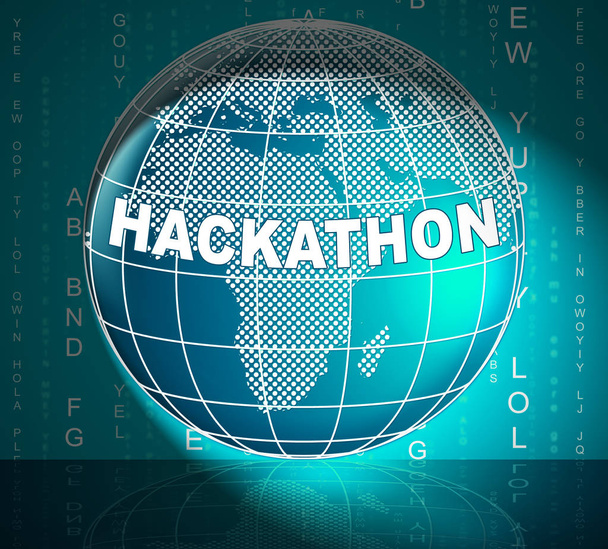 Hackathon Technology Threat Online Coding 3D Illustration zeigt Cybercrime Coder Meeting, um Spyware oder Malware Hacking zu stoppen - Foto, Bild