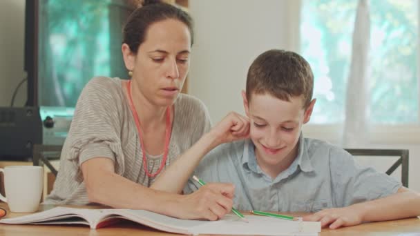 Madre ayudando a su hijo a hacer su tarea en casa
 - Metraje, vídeo