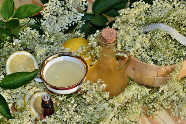 Elderflower syrup and oil on wooden background and fresh flower - Photo, Image