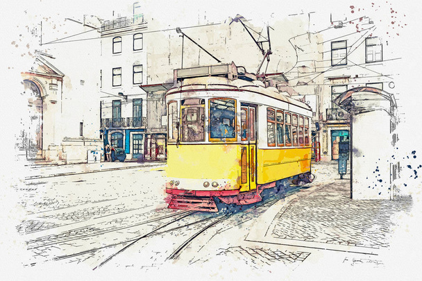 ilustración de un tranvía tradicional antiguo en Lisboa
. - Foto, imagen