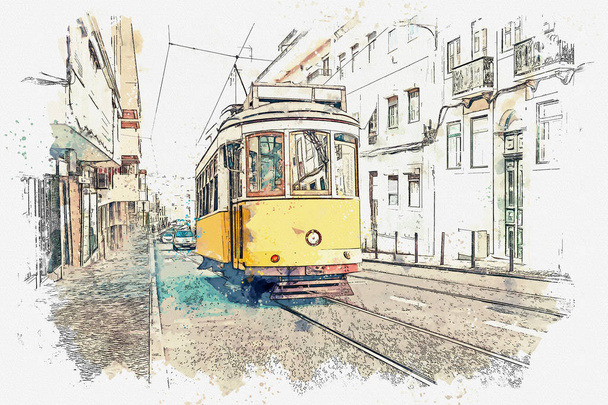 ілюстрація традиційні старі трамвай у Лісабоні. - Фото, зображення