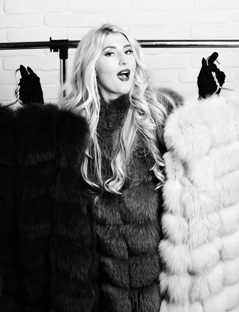 young fashionable sexy pretty woman with beautiful long curly blonde hair in waist coat of blue fur and black velvet gloves standing under rack with golden hangers on brick wall studio background - 写真・画像
