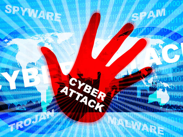 Cyberattack Malicious Cyber Hack Attack 2d Ilustração mostra Internet Spyware Hacker Aviso contra vírus virtual
 - Foto, Imagem