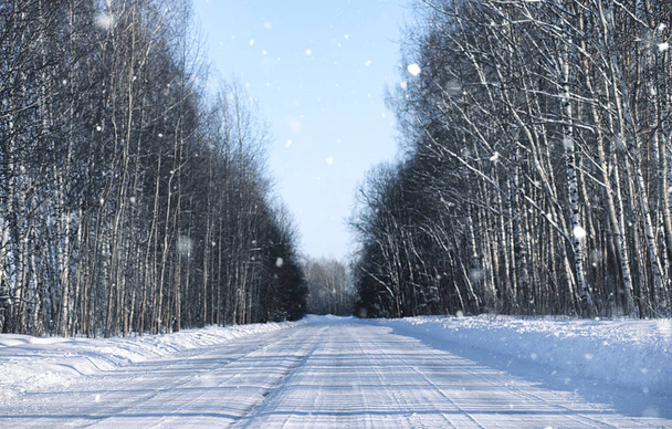 Schneeglätte auf leerer Landstraße im Wald am Wintertag  - Foto, Bild