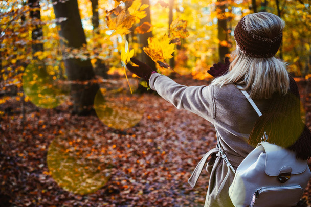 Woman throwing autumn leaves into the air. Carefree, happiness concept. Scenic fall park - 写真・画像