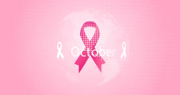 Mes de la conciencia del cáncer de mama - bandera de octubre. Fondo de gradiente rosa pálido con cinta de seda rosa caliente dentro del mundo en movimiento. Lindo diseño de movimiento femenino moderno. Animación de mapa de vídeo. Ilustración móvil
 - Metraje, vídeo