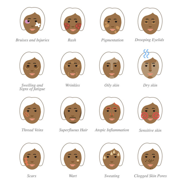 Problemy ze skórą i twarz w kosmetologii jak kolorowe ikony afrykańskie kobiety - Wektor, obraz