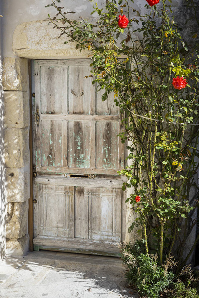 Antigua puerta de madera rodeada de follaje y rosas rojas
 - Foto, Imagen