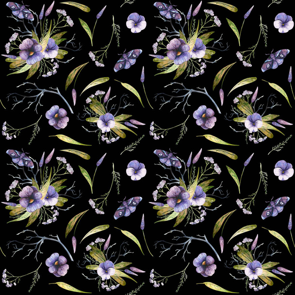 Ακουαρέλα φθινόπωρο μοτίβο λουλουδιών σε μαύρο φόντο - Φωτογραφία, εικόνα