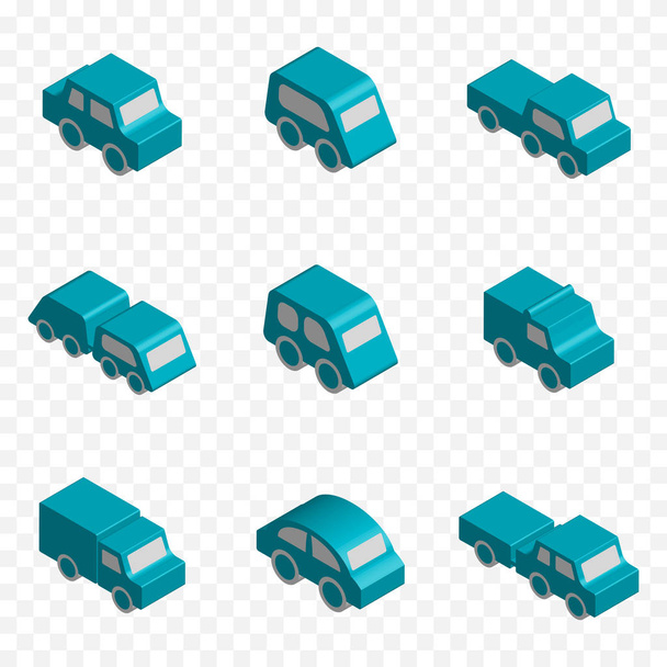 Zestaw 3d izometryczny zabawka samochód wektor ikon z różne perspektywy i różnych kierunkach. Symbole niebieski błyszczący pojazd lub oznaczenia samochodów kolekcji na białym tle dla ilustracji przepisów ruchu - Wektor, obraz