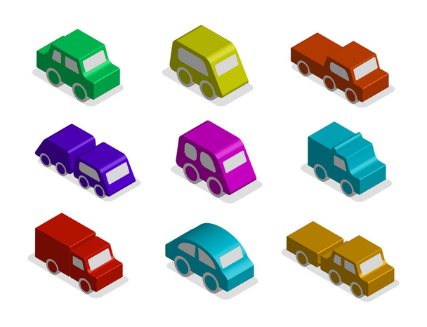 3D-s izometrikus játék autó vektoros ikonok-val különböző szempontból és különböző irányokba halmaza. Kék fényes jármű szimbólumokat vagy személygépkocsi jelek gyűjtemény elszigetelt a forgalom szabályozás illusztráció - Vektor, kép