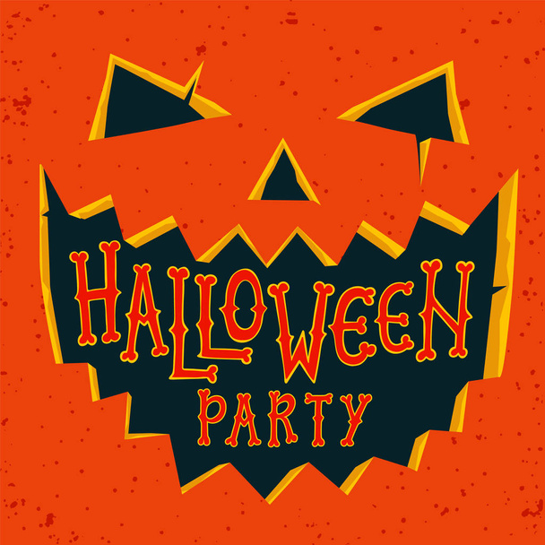 Halloween party meghívó. Faragott arc és a szöveg Halloween party Halloween sütőtök. Halloween szórólap a grunge textúra szöveggel. - Vektor, kép