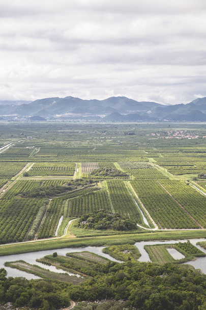 Zöld mezők, mezőgazdasági terület megtekintése a Neretva folyó deltában Horvátországban - Fotó, kép