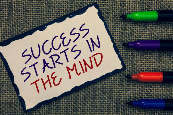 Text sign showing Success Starts In The Mind. Conceptual photo Have positive thoughts accomplish what you want Blue bordered page drawn some texts laid color pen jute background. - Photo, Image