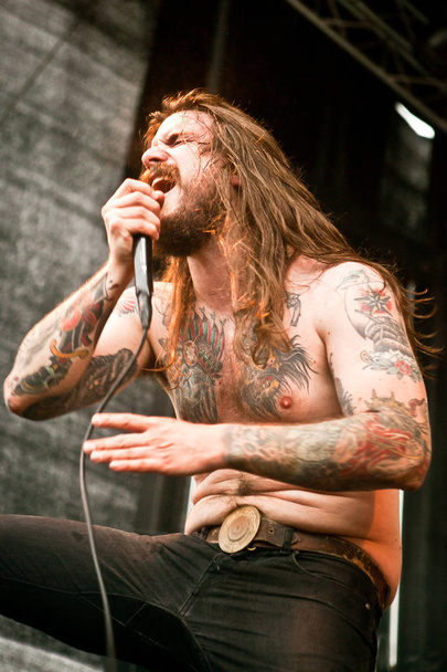 Traena, Norway - July 11: during the concert of the Norwegian band " Kvelertak" at the Traenafestival, music festival taking place on the small island of Traena in Norway. - 写真・画像