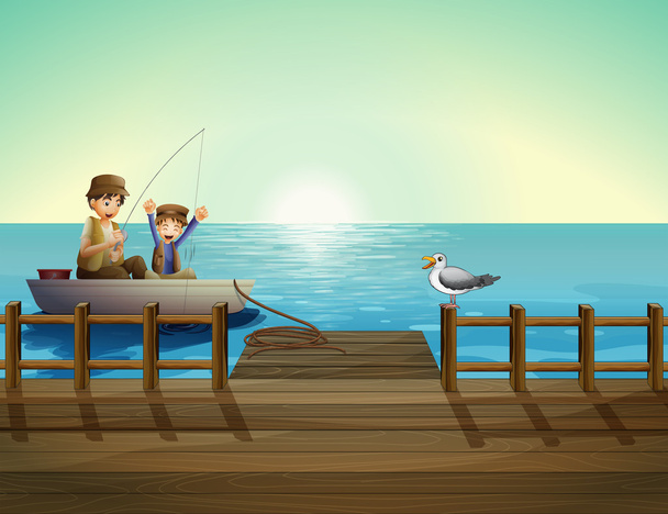 A father and a child fishing near the bridge - Vector, Image