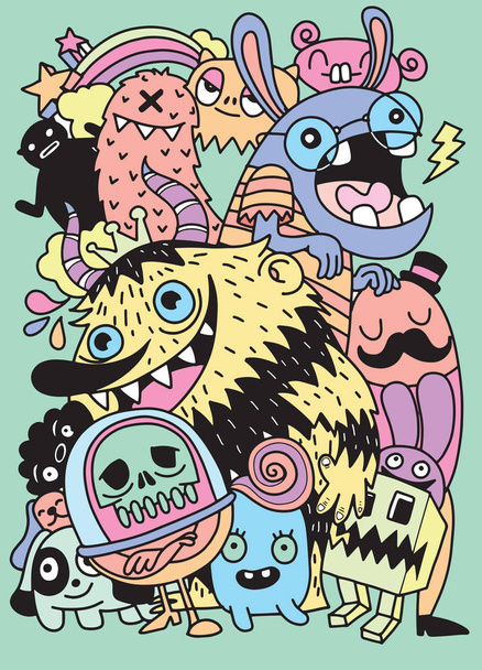 Χαριτωμένο τρομακτικό τέρατα Απόκριες και καραμέλα, σύνολο αστεία χαριτωμένο τέρατα, εξωγήινους ή φαντασίας ζώων για παιδιά χρωματισμός βιβλία ή t-shirts. Χέρι που γραμμή τέχνης καρτούν εικονογράφηση φορέα - Διάνυσμα, εικόνα