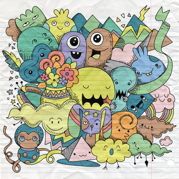 Doodle aranyos Monster háttér, kézzel Doodle vektoros illusztráció - Vektor, kép