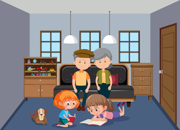Grandparent and grandchildren in living room illustration - Vector, Image