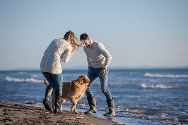Couple Running On The Beach Holding Their Hands with dog On autmun day - Fotoğraf, Görsel