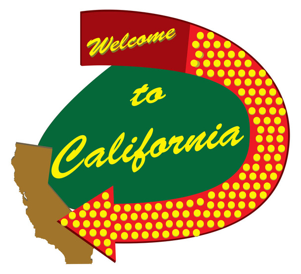 Дорожный знак Добро пожаловать в Калифорнию, построенный в стиле пятидесятых
 - Вектор,изображение