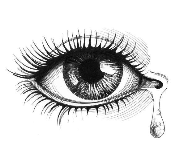 Beautiful crying eye with a tear. Ink black and white illustration - Photo, Image
