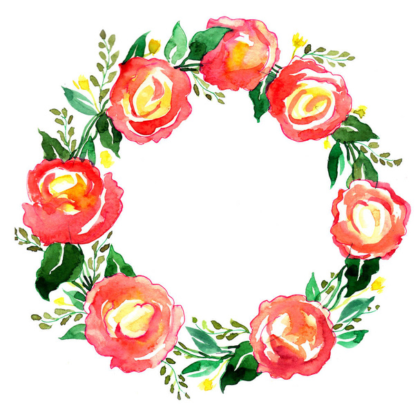 Watercolor painting of a red roses wreath on white background - Foto, Bild