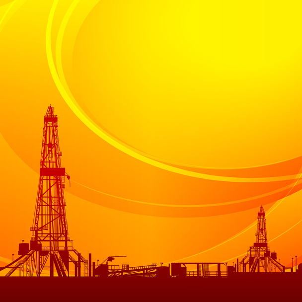 Petrol rig siluetleri ve turuncu gökyüzü - Vektör, Görsel