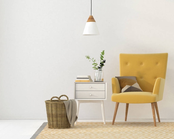 3D çizim. Beyaz bir duvara sarı bir sandalye ile iç mocap  - Fotoğraf, Görsel