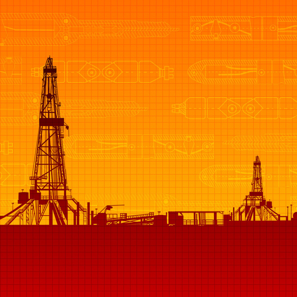 石油リグのシルエットとオレンジ色の空 - ベクター画像