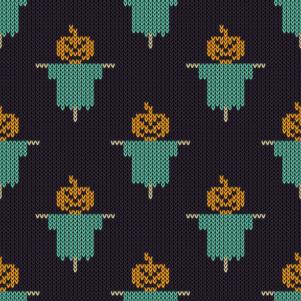Halloween knitted pattern. Seamless Knitting Texture with pumpkin scarecrow. Design for sweater, scarf, comforter or clothes texture. Vector illustration. - Vector, Image