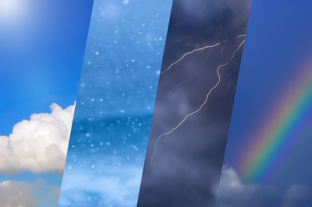 Πρόγνωση καιρού φόντο - ποικιλία καιρικών συνθηκών, λαμπερός ήλιος και χιονοπτώσεις, σκούρο συννεφιασμένο ουρανό με ουράνιο τόξο. - Φωτογραφία, εικόνα